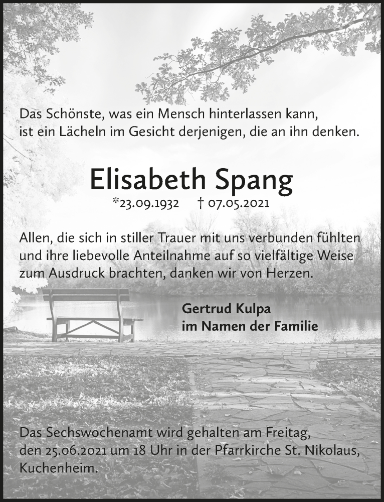  Traueranzeige für Elisabeth Spang vom 19.06.2021 aus  Blickpunkt Euskirchen 