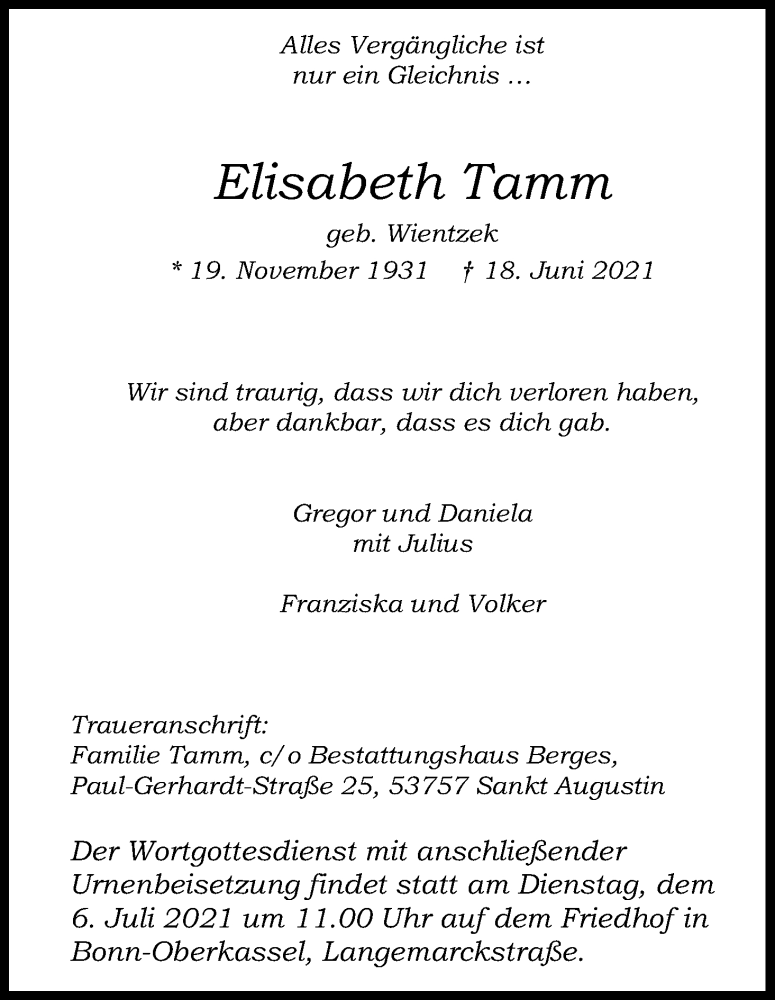  Traueranzeige für Elisabeth Tamm vom 26.06.2021 aus Kölner Stadt-Anzeiger / Kölnische Rundschau / Express