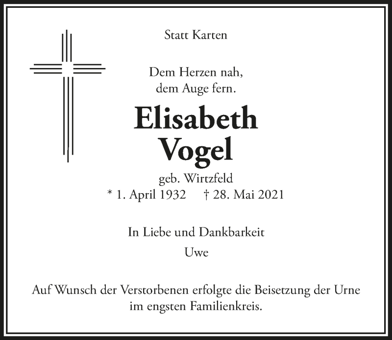  Traueranzeige für Elisabeth Vogel vom 25.06.2021 aus  Schlossbote/Werbekurier 