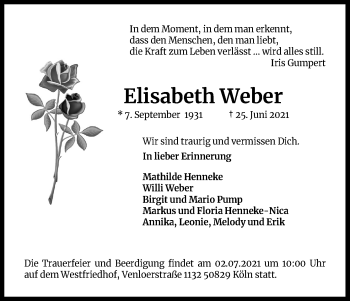 Anzeige von Elisabeth Weber von Kölner Stadt-Anzeiger / Kölnische Rundschau / Express