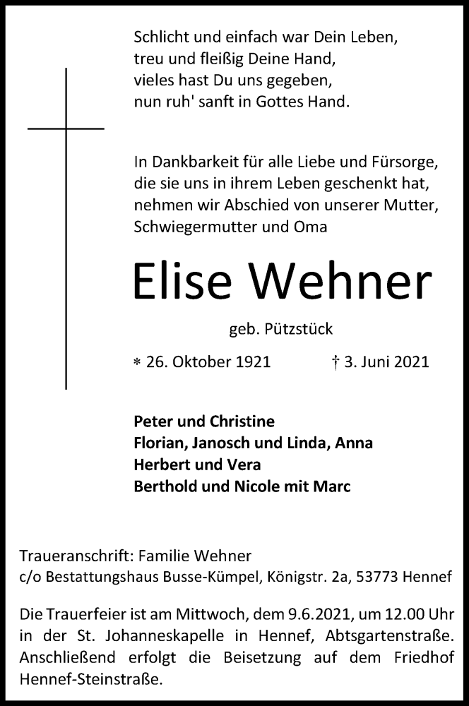  Traueranzeige für Elise Wehner vom 08.06.2021 aus Kölner Stadt-Anzeiger / Kölnische Rundschau / Express