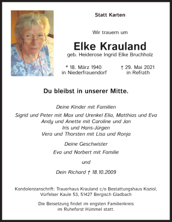 Anzeige von Elke Krauland von Kölner Stadt-Anzeiger / Kölnische Rundschau / Express