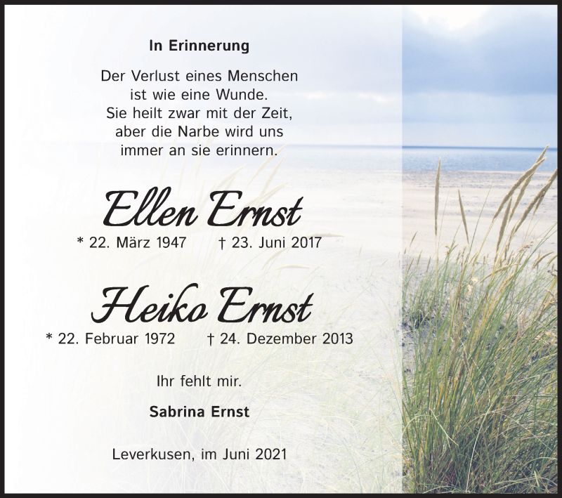 Traueranzeige für Ellen Ernst vom 23.06.2021 aus Kölner Stadt-Anzeiger / Kölnische Rundschau / Express