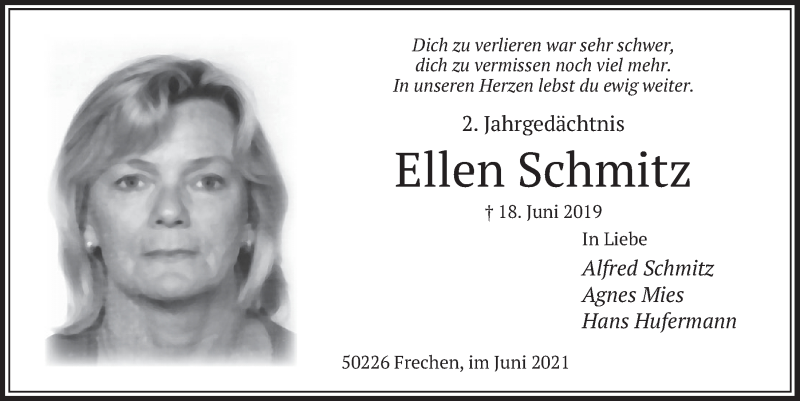  Traueranzeige für Ellen Schmitz vom 18.06.2021 aus  Wochenende 