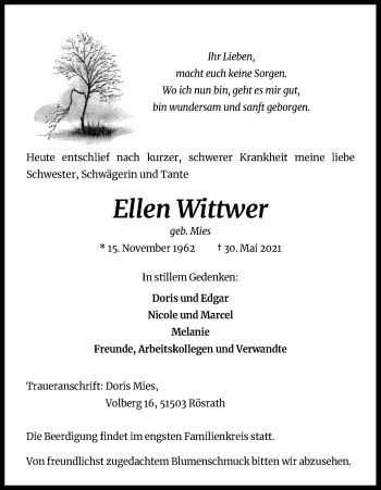 Anzeige von Ellen Wittwer von Kölner Stadt-Anzeiger / Kölnische Rundschau / Express