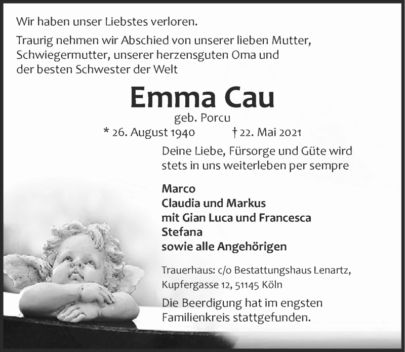  Traueranzeige für Emma Cau vom 04.06.2021 aus  Kölner Wochenspiegel 