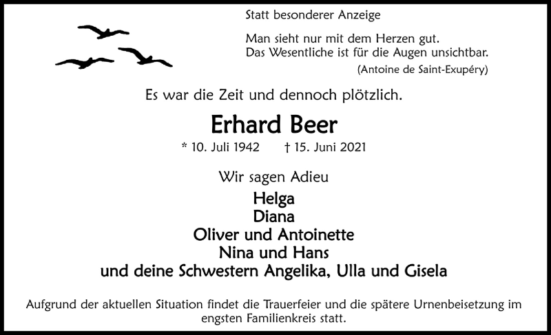  Traueranzeige für Erhard Beer vom 25.06.2021 aus  Anzeigen Echo 