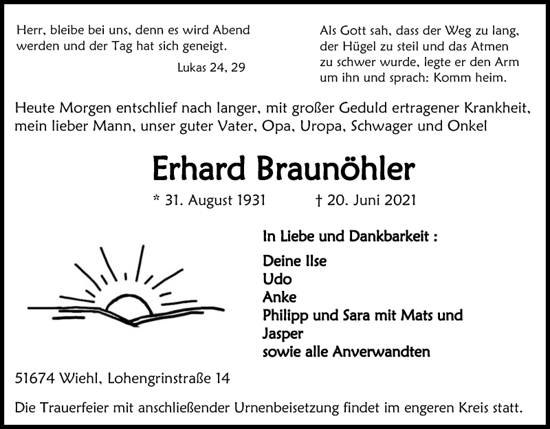  Traueranzeige für Erhard Braunöhler vom 26.06.2021 aus Kölner Stadt-Anzeiger / Kölnische Rundschau / Express