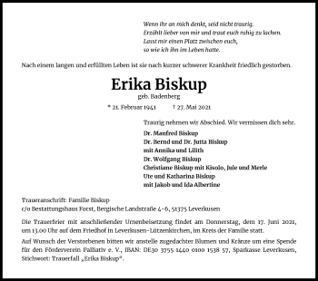 Anzeige von Erika Biskup von Kölner Stadt-Anzeiger / Kölnische Rundschau / Express