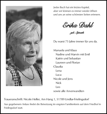 Anzeige von Erika Dahl von Kölner Stadt-Anzeiger / Kölnische Rundschau / Express