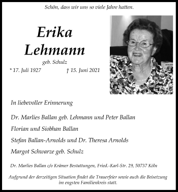 Anzeige von Erika Lehmann von Kölner Stadt-Anzeiger / Kölnische Rundschau / Express