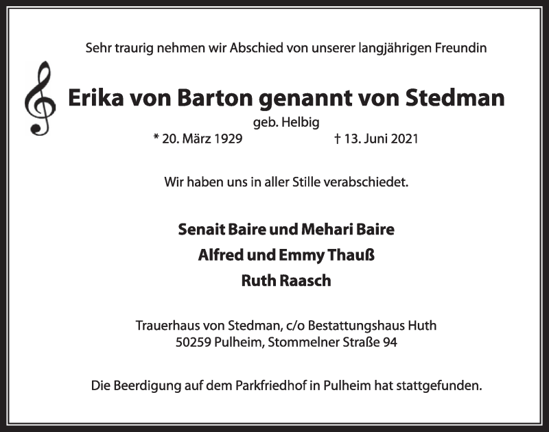  Traueranzeige für Erika von Barton vom 25.06.2021 aus  Wochenende 