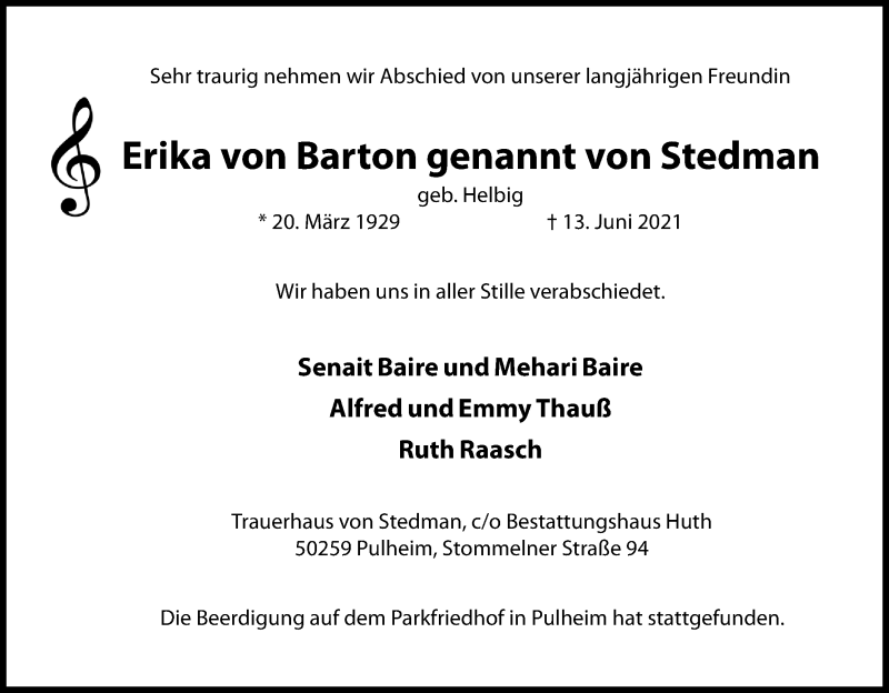  Traueranzeige für Erika von Barton vom 26.06.2021 aus Kölner Stadt-Anzeiger / Kölnische Rundschau / Express