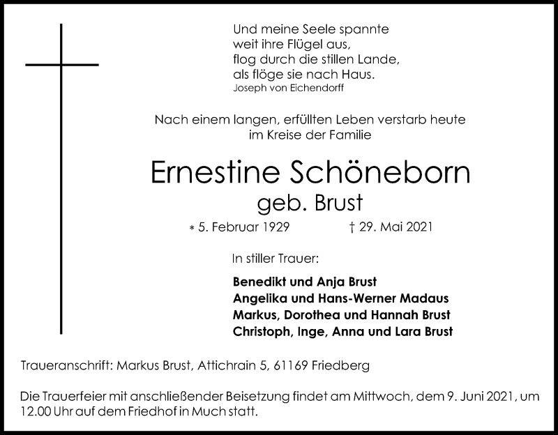  Traueranzeige für Ernestine Schöneborn vom 05.06.2021 aus Kölner Stadt-Anzeiger / Kölnische Rundschau / Express