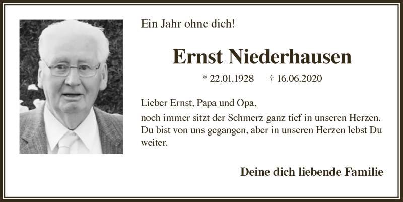  Traueranzeige für Ernst Niederhausen vom 18.06.2021 aus  Anzeigen Echo 