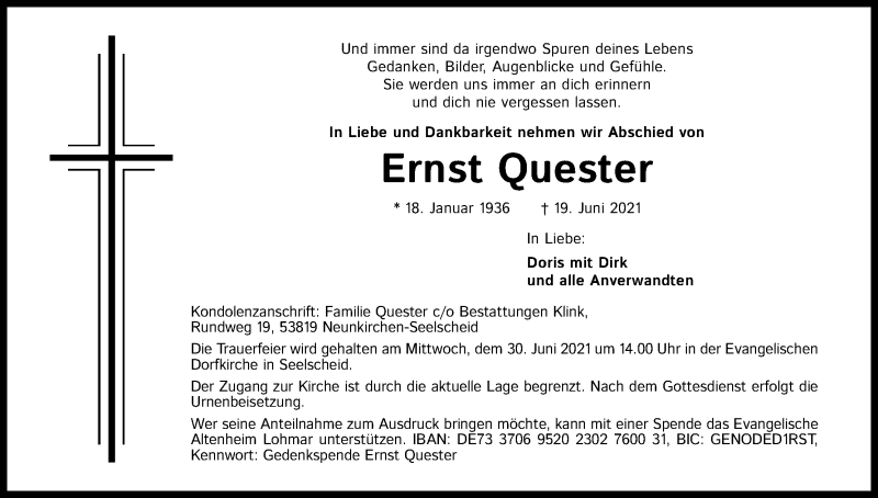  Traueranzeige für Ernst Quester vom 26.06.2021 aus Kölner Stadt-Anzeiger / Kölnische Rundschau / Express