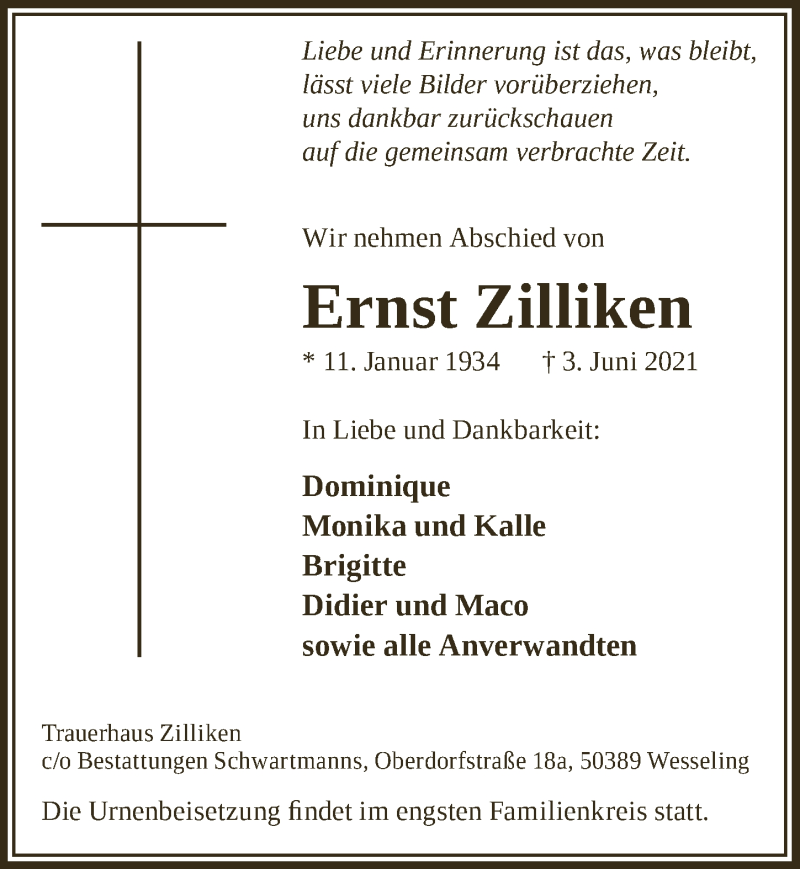  Traueranzeige für Ernst Zilliken vom 11.06.2021 aus  Schlossbote/Werbekurier 