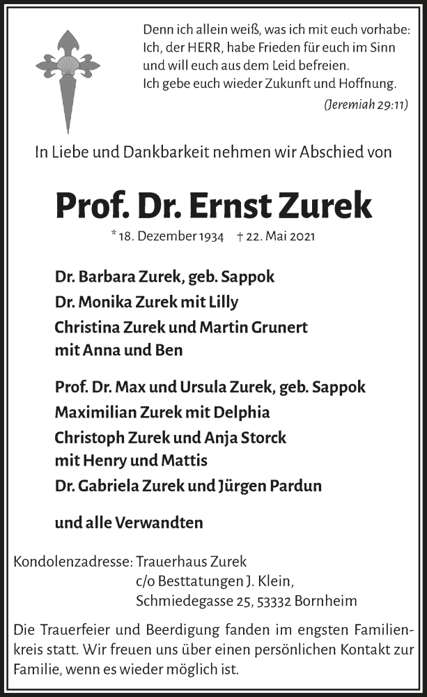  Traueranzeige für Ernst Zurek vom 04.06.2021 aus  Schaufenster/Blickpunkt 