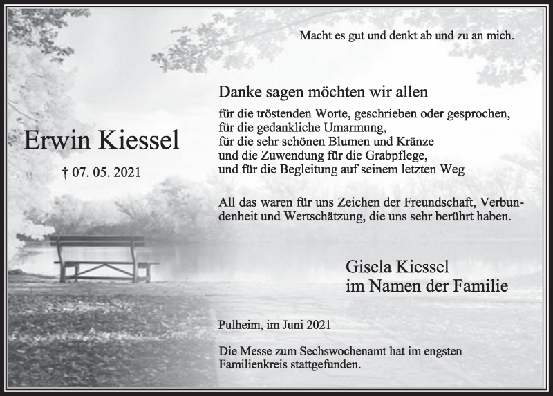  Traueranzeige für Erwin Kiessel vom 25.06.2021 aus  Wochenende 