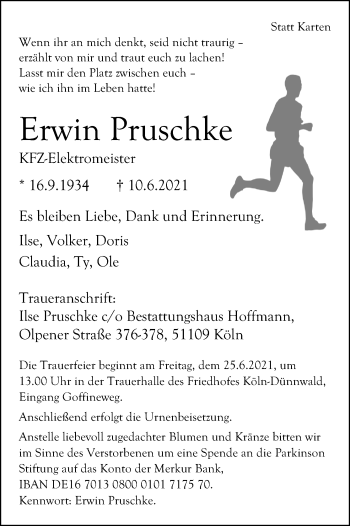 Anzeige von Erwin Pruschke von Kölner Stadt-Anzeiger / Kölnische Rundschau / Express