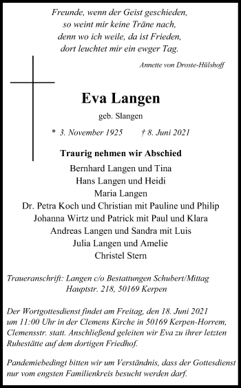 Anzeige von Eva Langen von Kölner Stadt-Anzeiger / Kölnische Rundschau / Express