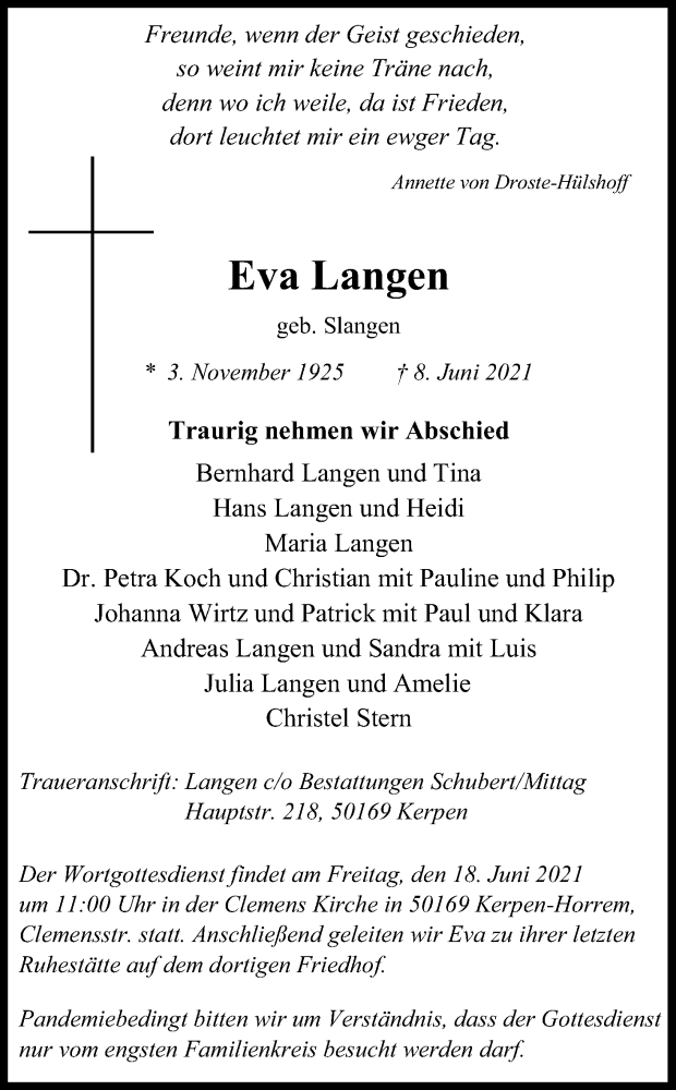  Traueranzeige für Eva Langen vom 12.06.2021 aus Kölner Stadt-Anzeiger / Kölnische Rundschau / Express