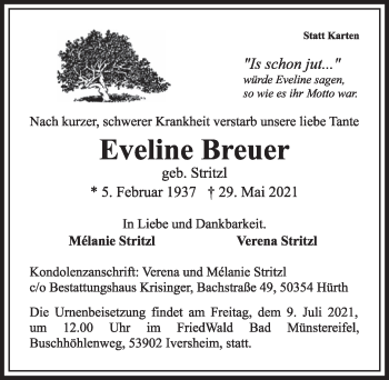 Anzeige von Eveline Breuer von  Wochenende 