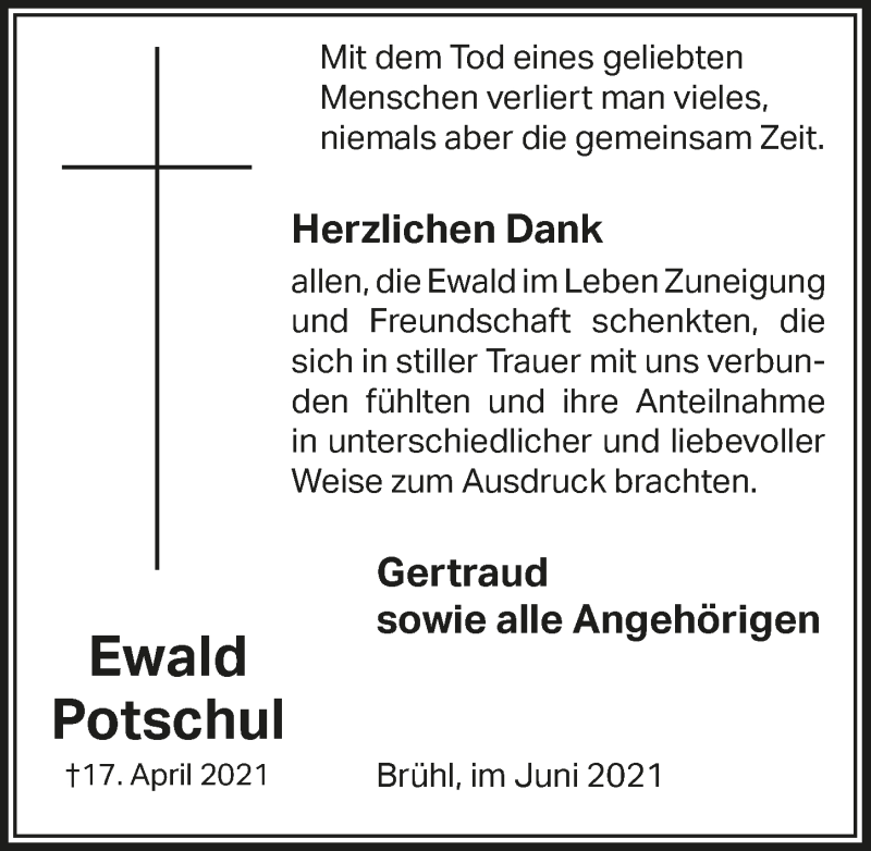  Traueranzeige für Ewald Potschul vom 11.06.2021 aus  Schlossbote/Werbekurier 