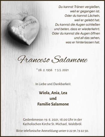Anzeige von Franceso Salamone von  Lokalanzeiger 