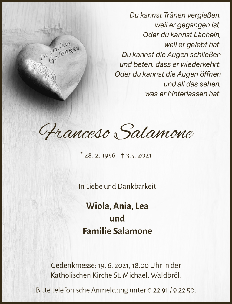  Traueranzeige für Franceso Salamone vom 11.06.2021 aus  Lokalanzeiger 
