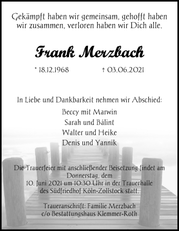 Anzeige von Frank Merzbach von Kölner Stadt-Anzeiger / Kölnische Rundschau / Express