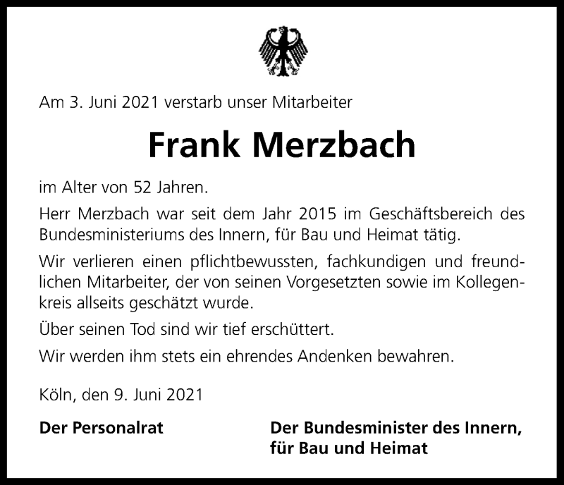  Traueranzeige für Frank Merzbach vom 10.06.2021 aus Kölner Stadt-Anzeiger / Kölnische Rundschau / Express