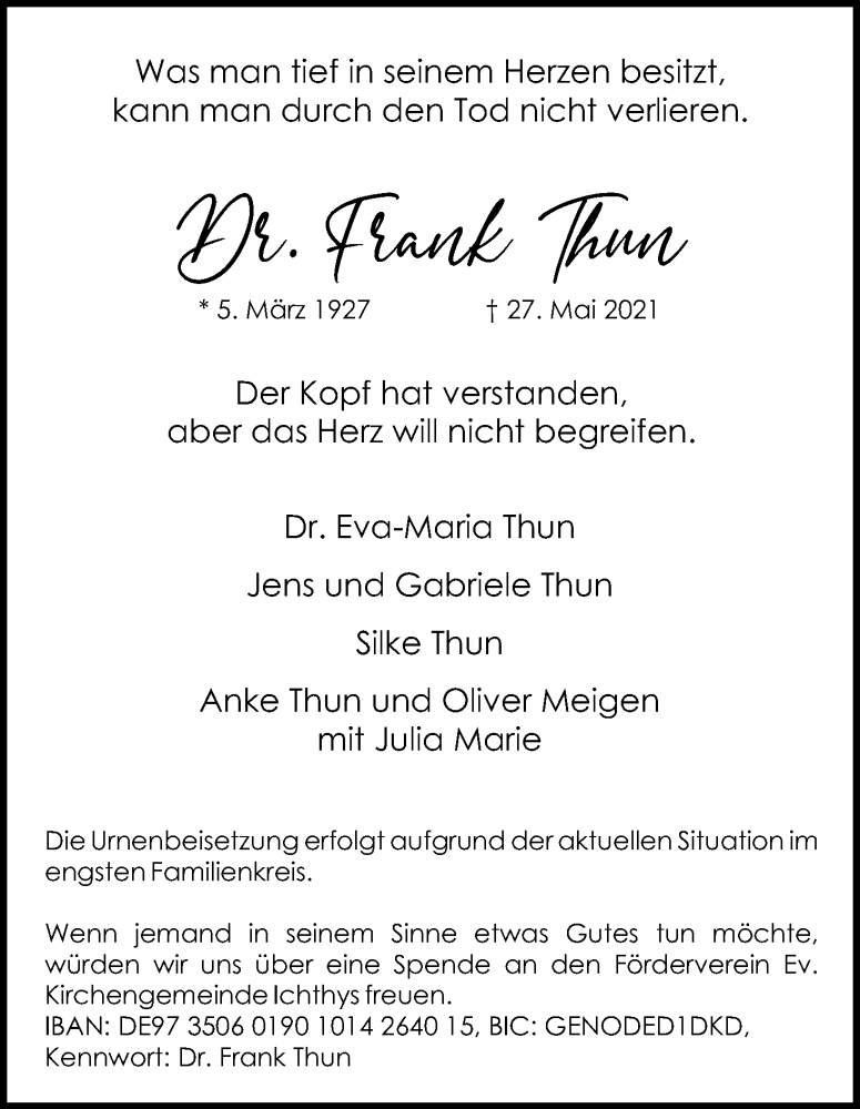  Traueranzeige für Frank Thun vom 12.06.2021 aus Kölner Stadt-Anzeiger / Kölnische Rundschau / Express