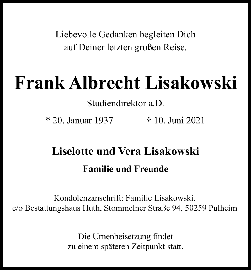  Traueranzeige für Frank Albrecht Lisakowski vom 12.06.2021 aus Kölner Stadt-Anzeiger / Kölnische Rundschau / Express