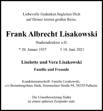 Anzeige von Frank Albrecht Lisakowski von Kölner Stadt-Anzeiger / Kölnische Rundschau / Express