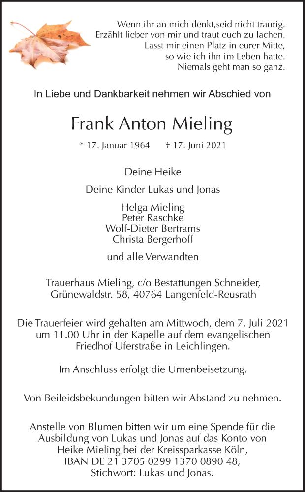  Traueranzeige für Frank Anton Mieling vom 26.06.2021 aus Kölner Stadt-Anzeiger / Kölnische Rundschau / Express