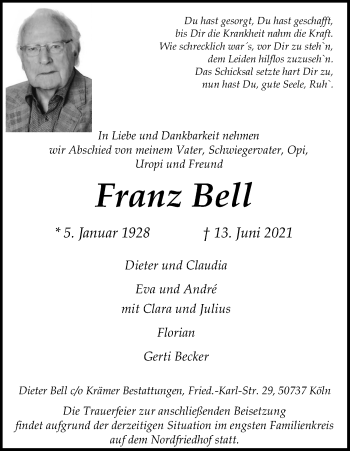 Anzeige von Franz Bell von Kölner Stadt-Anzeiger / Kölnische Rundschau / Express