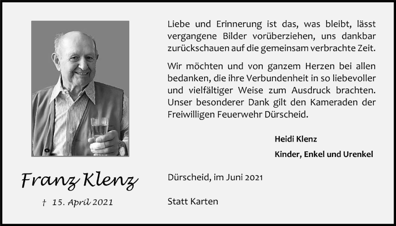  Traueranzeige für Franz Klenz vom 04.06.2021 aus  Bergisches Handelsblatt 