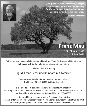 Anzeige von Franz Mau von  Blickpunkt Euskirchen 