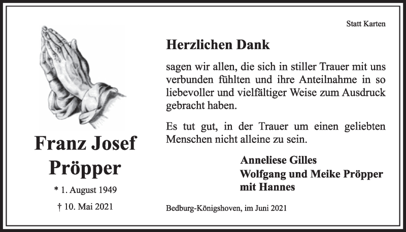  Traueranzeige für Franz Josef Pröpper vom 25.06.2021 aus  Werbepost 