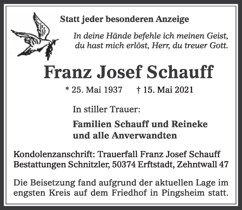  Traueranzeige für Franz Josef Schauff vom 04.06.2021 aus  Wochenende  Werbepost 