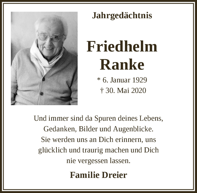  Traueranzeige für Friedhelm Ranke vom 18.06.2021 aus  Anzeigen Echo 