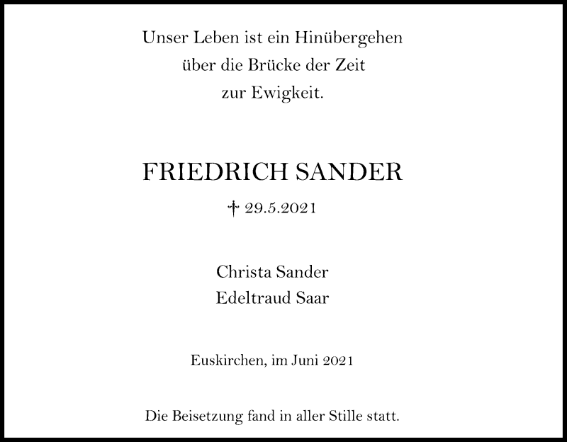  Traueranzeige für Friedrich Sander vom 18.06.2021 aus Kölner Stadt-Anzeiger / Kölnische Rundschau / Express