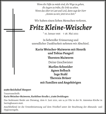 Anzeige von Fritz Kleine-Weischer von  Lokalanzeiger 