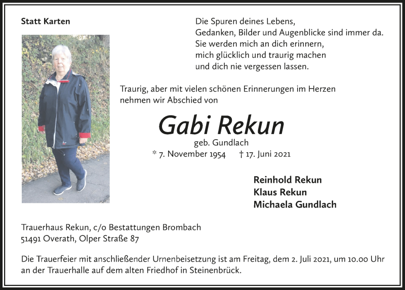  Traueranzeige für Gabi Rekun vom 25.06.2021 aus  Bergisches Handelsblatt 