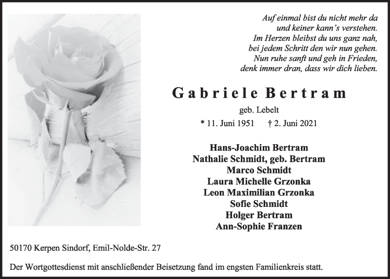 Traueranzeige für Gabriele Bertram vom 11.06.2021 aus  Werbepost 