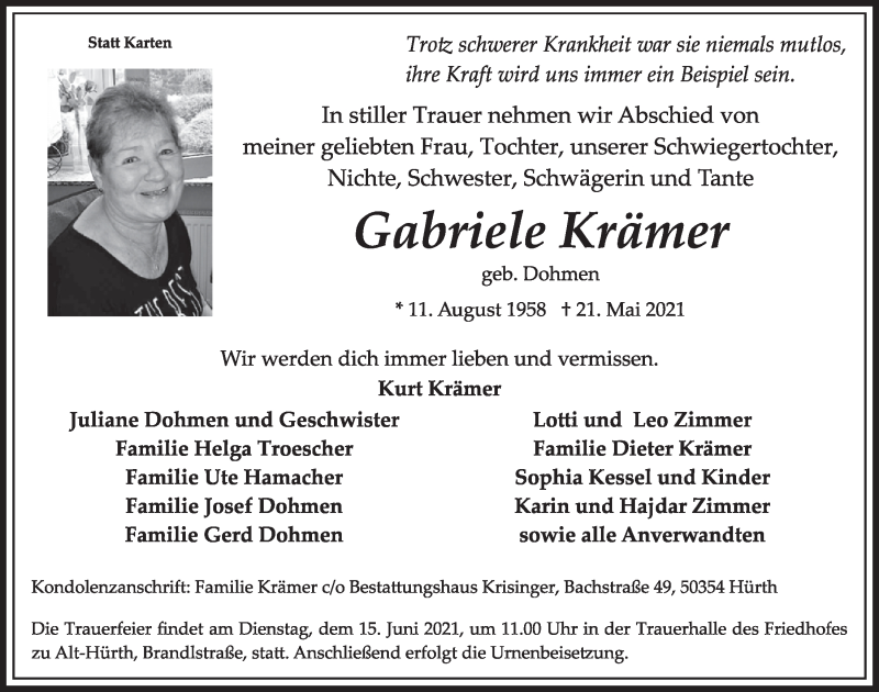  Traueranzeige für Gabriele Krämer vom 04.06.2021 aus  Wochenende 
