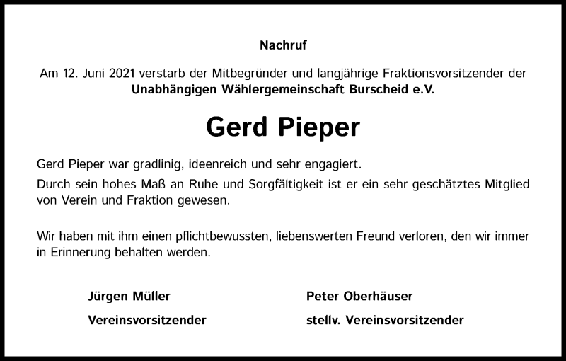  Traueranzeige für Gerd Pieper vom 26.06.2021 aus Kölner Stadt-Anzeiger / Kölnische Rundschau / Express