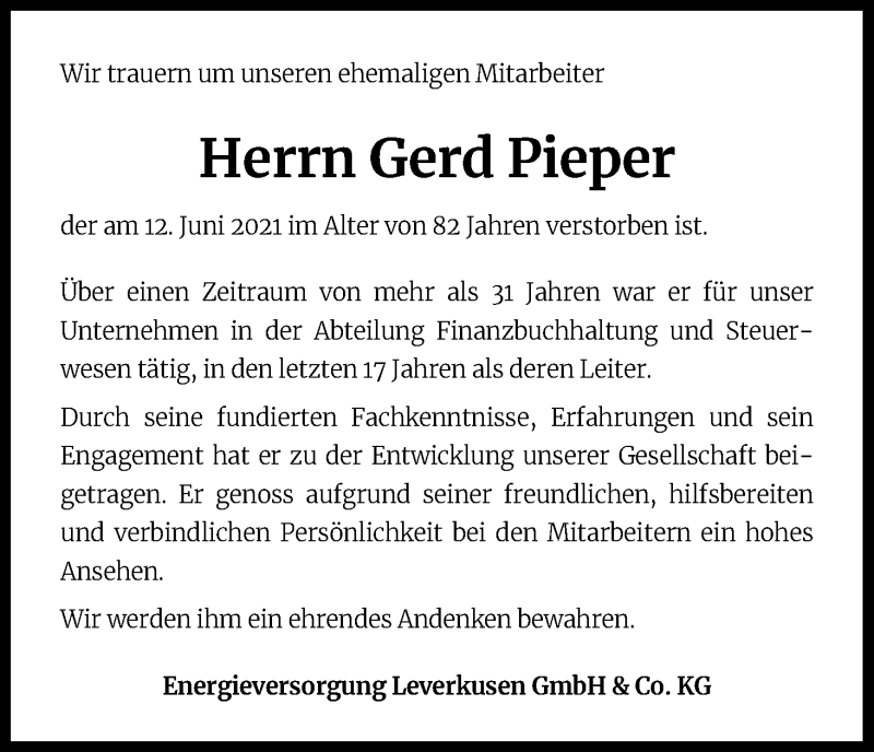  Traueranzeige für Gerd Pieper vom 23.06.2021 aus Kölner Stadt-Anzeiger / Kölnische Rundschau / Express