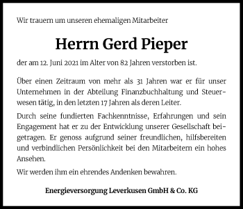 Anzeige von Gerd Pieper von Kölner Stadt-Anzeiger / Kölnische Rundschau / Express